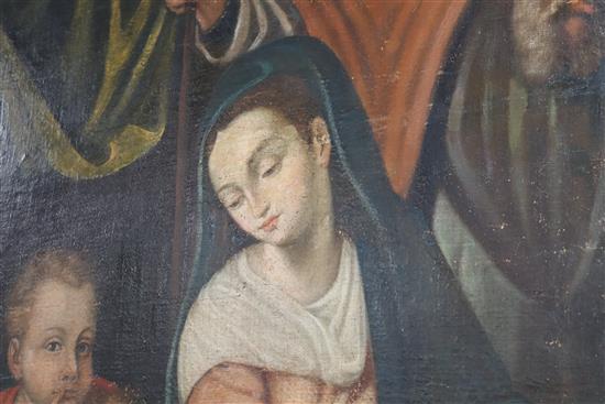 19th century Cusco School, oil on canvas laid on board, Holy family, 120 x 96cm